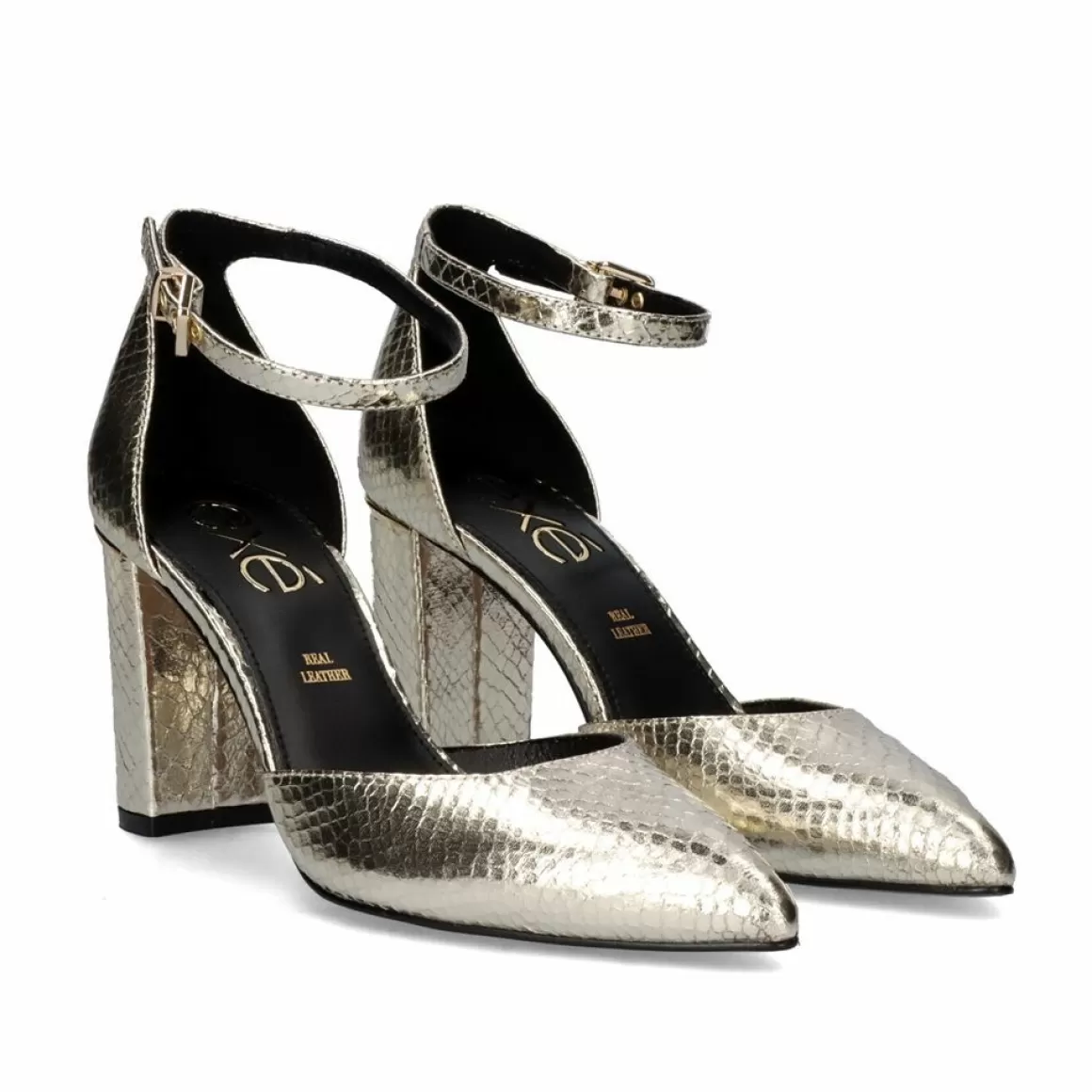 Exe Shoes Calçados De Salao>Sapato De Salto Alto Quadrado Leslie-100 Em Dourado Snake